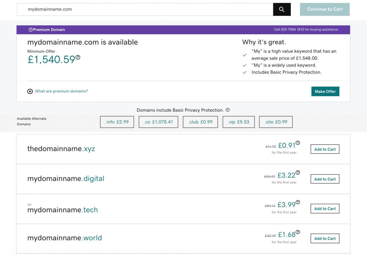 How To Choose A Domain Name For Your Online Business In 9 Steps 4 A screenshot showing how to register a domain name on GoDaddy