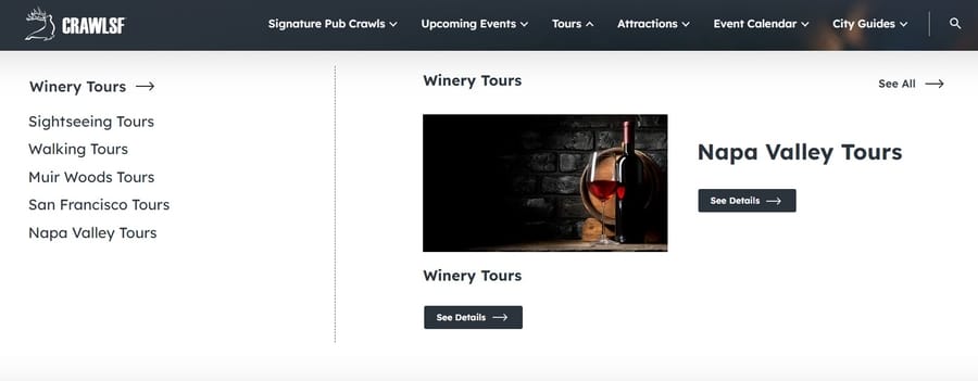 CrawlSF website navigation menu showing winery tour options, including Napa Valley Tours, with tour cards and “See Details” buttons