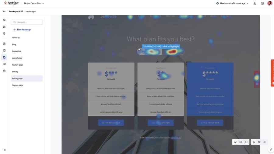 Hotjar heatmap dashboard showing click activity on a pricing page, with highlighted user interaction areas over three pricing cards