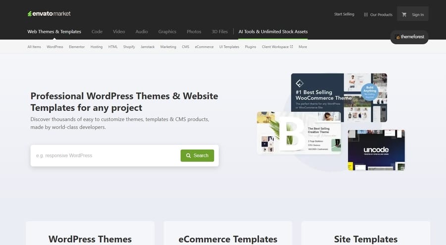 Envato Market ThemeForest page showing a search bar for WordPress themes and website templates, with navigation categories and featured template previews