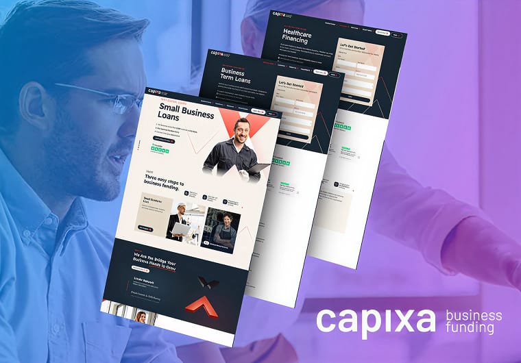 Capixa website design mockup featuring responsive webpage layouts with technology-focused visuals, business solution sections, modern UI components, and professional corporate branding.