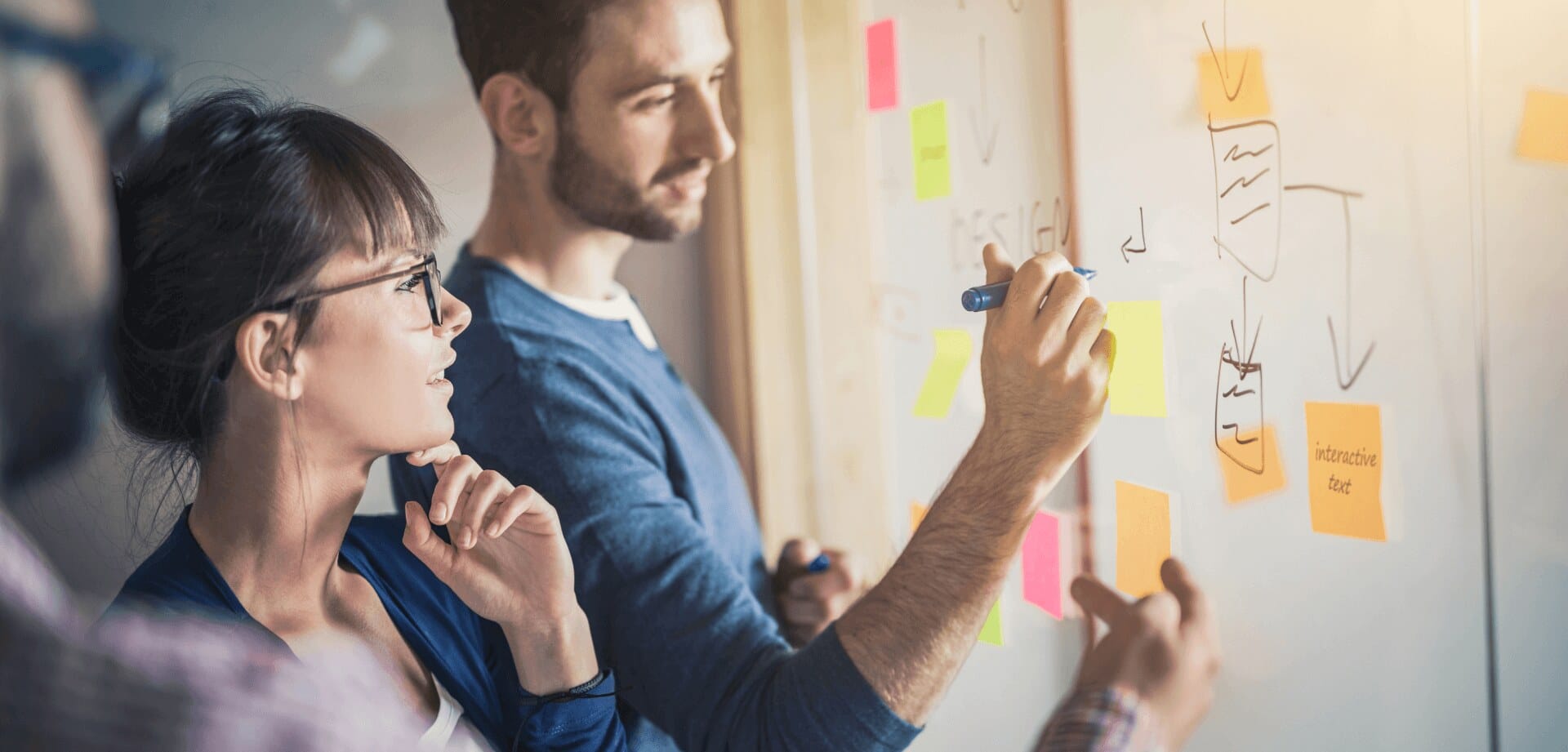 Team members collaborating at a whiteboard with sticky notes and diagrams during a planning session