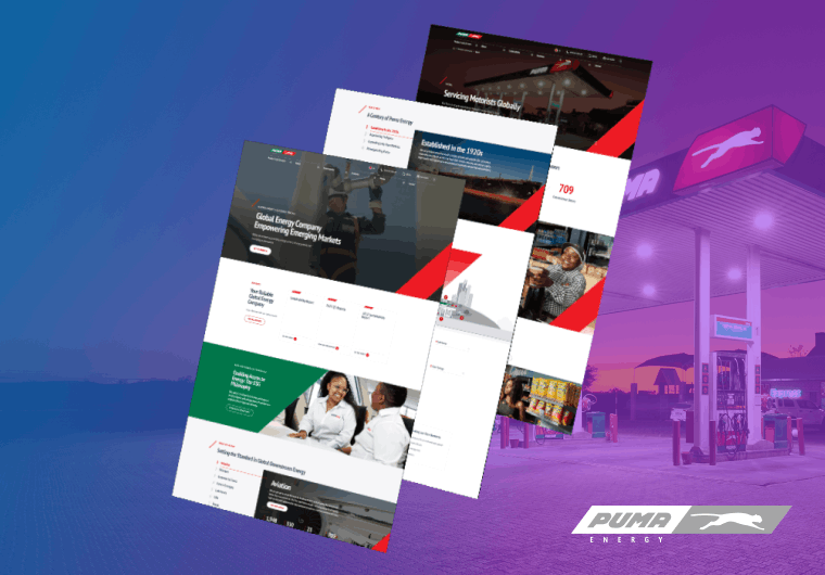 Puma Energy website portfolio image featuring responsive web pages with fuel services, energy solutions, and convenience retail content displayed over a branded background with dynamic blue and purple gradients.