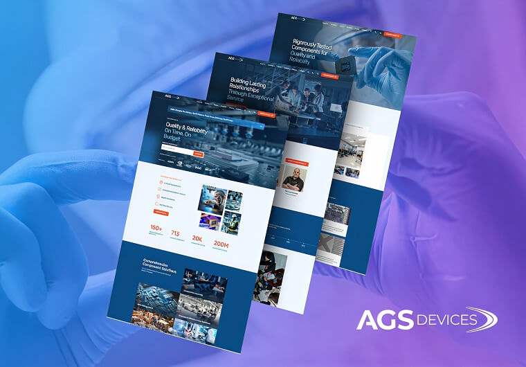 AGS Devices website design mockup showcasing electronics manufacturing services, supply chain solutions, and operational excellence through modern, industry-focused digital layouts.
