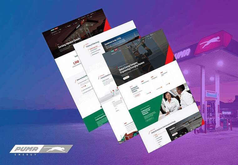 Three overlapping screenshots of the Puma Energy website highlighting global energy operations, fuel distribution services, and sustainability initiatives, displayed against a branded service station background with blue and purple gradient overlays.