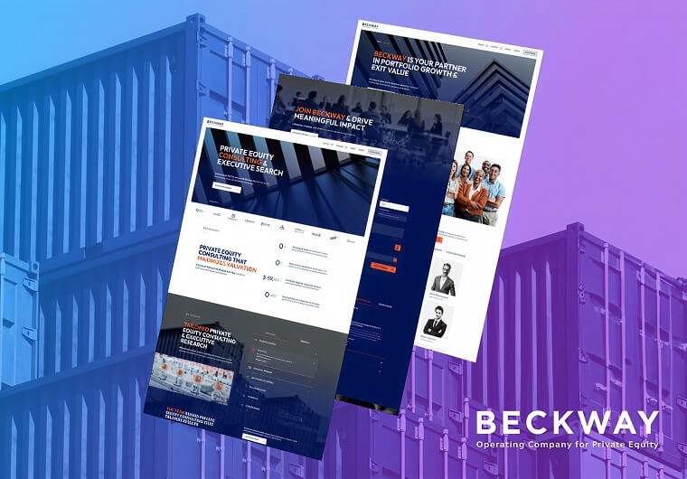 Website design mockup for Beckway featuring private equity consulting services, executive search solutions, and value creation strategies displayed through modern, professional digital layouts.