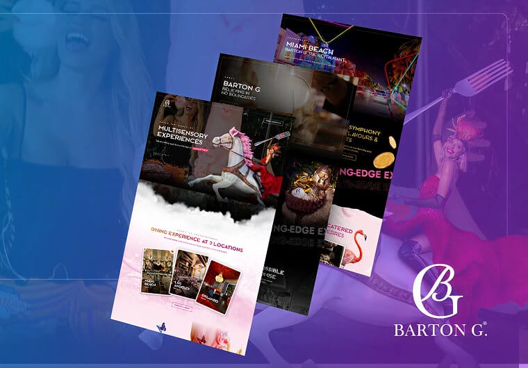Barton G portfolio image displaying upscale restaurant and hospitality website designs with gourmet food imagery, elegant layouts, bold typography, and immersive user experience elements.