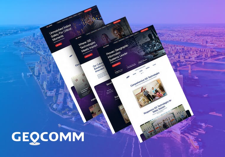 Three stacked images of GeoComm's website design showcasing GIS technology solutions, emergency response systems, and responsive enterprise-focused digital experiences.