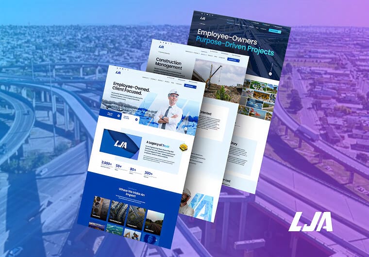 Website design mockups for LJA Engineering featuring infrastructure, public works, and engineering services pages.
