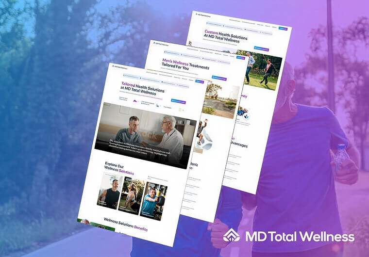 Website design mockup for MD Total Wellness showcasing multiple responsive page layouts focused on personalized healthcare, wellness programs, and patient-centered treatment solutions.