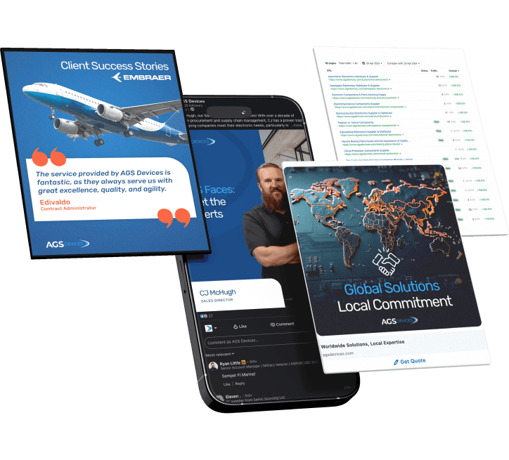 AGS Devices digital marketing creatives displayed across mobile and desktop mockups, featuring client success stories, global electronics sourcing content, team branding, and campaign performance analytics.