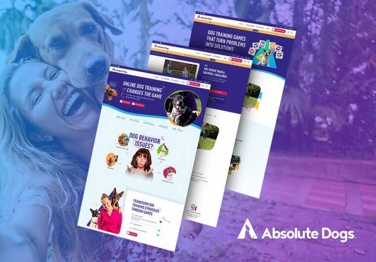 Three overlapping screenshots of the Absolute Dogs website showcasing online dog training programs, behavior-focused learning resources, and interactive training games, displayed against a lifestyle background featuring a dog owner and pet with blue and purple gradient overlays.