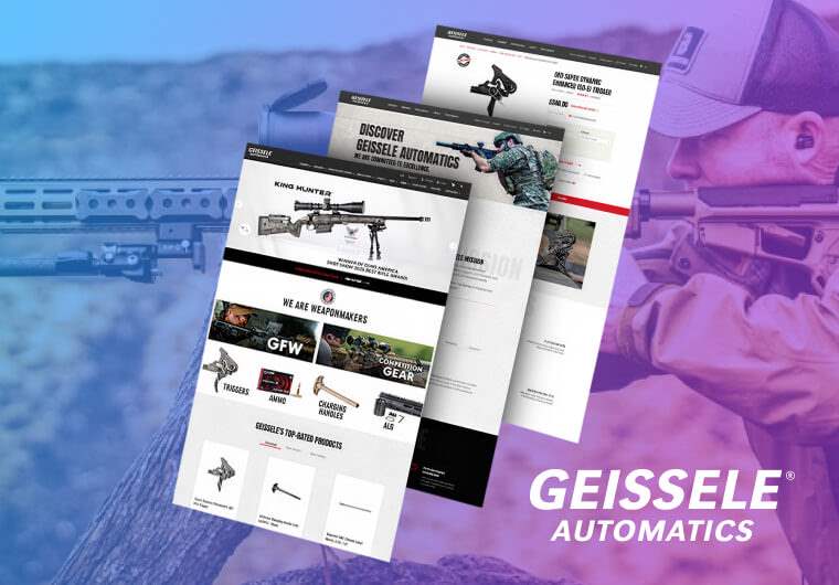 Three stacked screenshots of the Geissele Automatics ecommerce website displaying firearms accessories, tactical equipment, and product-focused layouts, set against a branded outdoor shooting background.