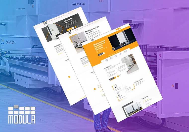 Three angled screenshots of the Modula website showcasing automated vertical lift modules, warehouse storage solutions, and industrial automation technology, displayed against a manufacturing facility background with blue and purple gradient overlays.