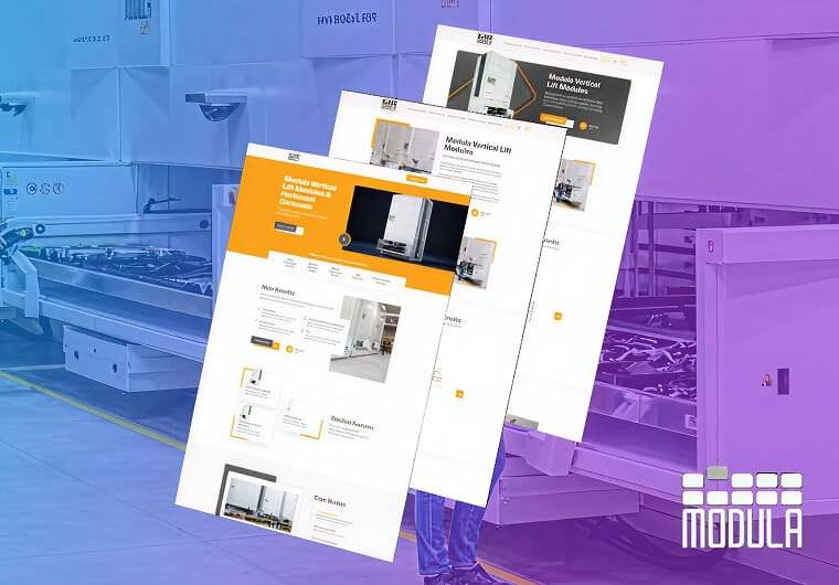Three overlapping screenshots of the Modula website featuring vertical lift systems, automated storage solutions, and product-focused industrial layouts, presented against a warehouse automation backdrop with blue and purple brand-inspired gradients.
