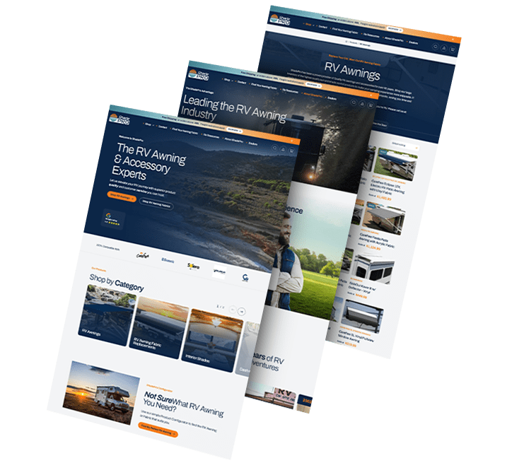 A collage of three images showing ShadePro's website pages