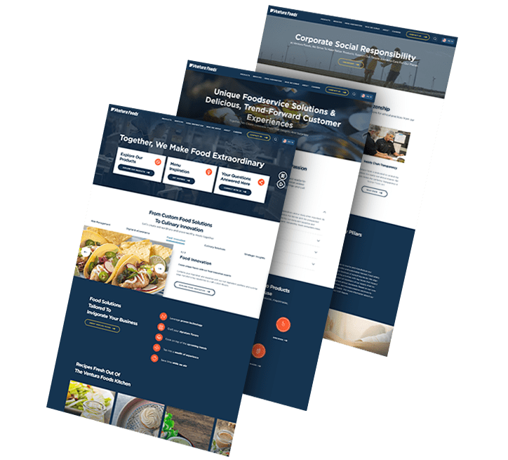 A collage of three images showing Ventura Foods' website pages