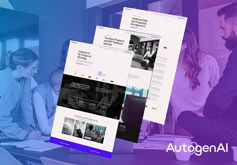 Three layered screenshots of the AutogenAI website showcasing AI-powered proposal automation, RFP response management, and intelligent business development solutions, displayed over a collaborative workplace background with blue and purple gradient overlays.