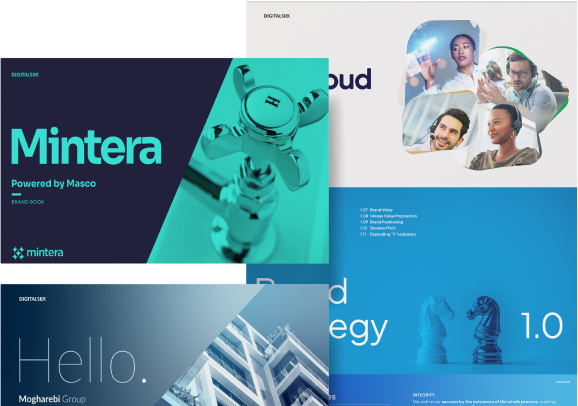 A collage of brand books and promotional materials