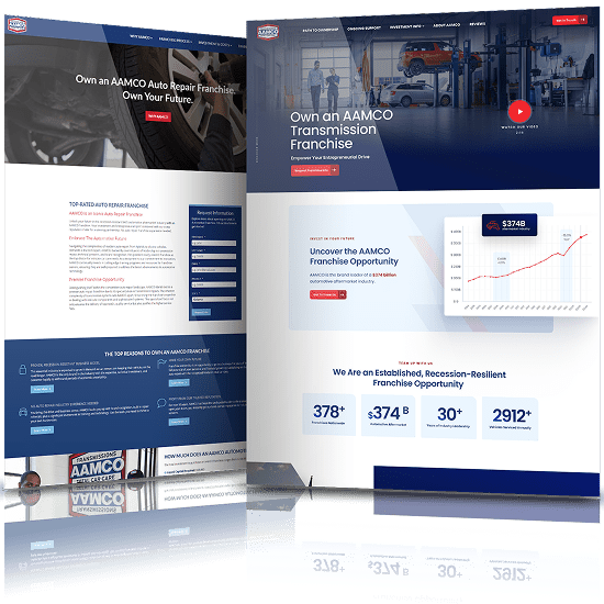 Before and after website redesign for AAMCO showcasing improved layout for automotive services and franchise opportunities.