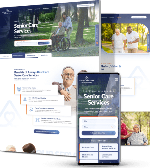 Always Best Care senior services website displayed across devices with imagery of elderly care and service highlights.