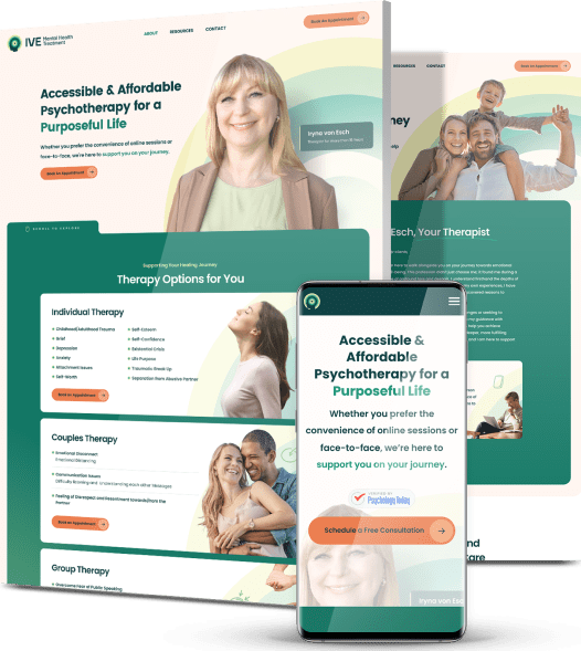 IVE Health psychotherapy website displayed across desktop and mobile devices featuring a calming green design and therapy service options.