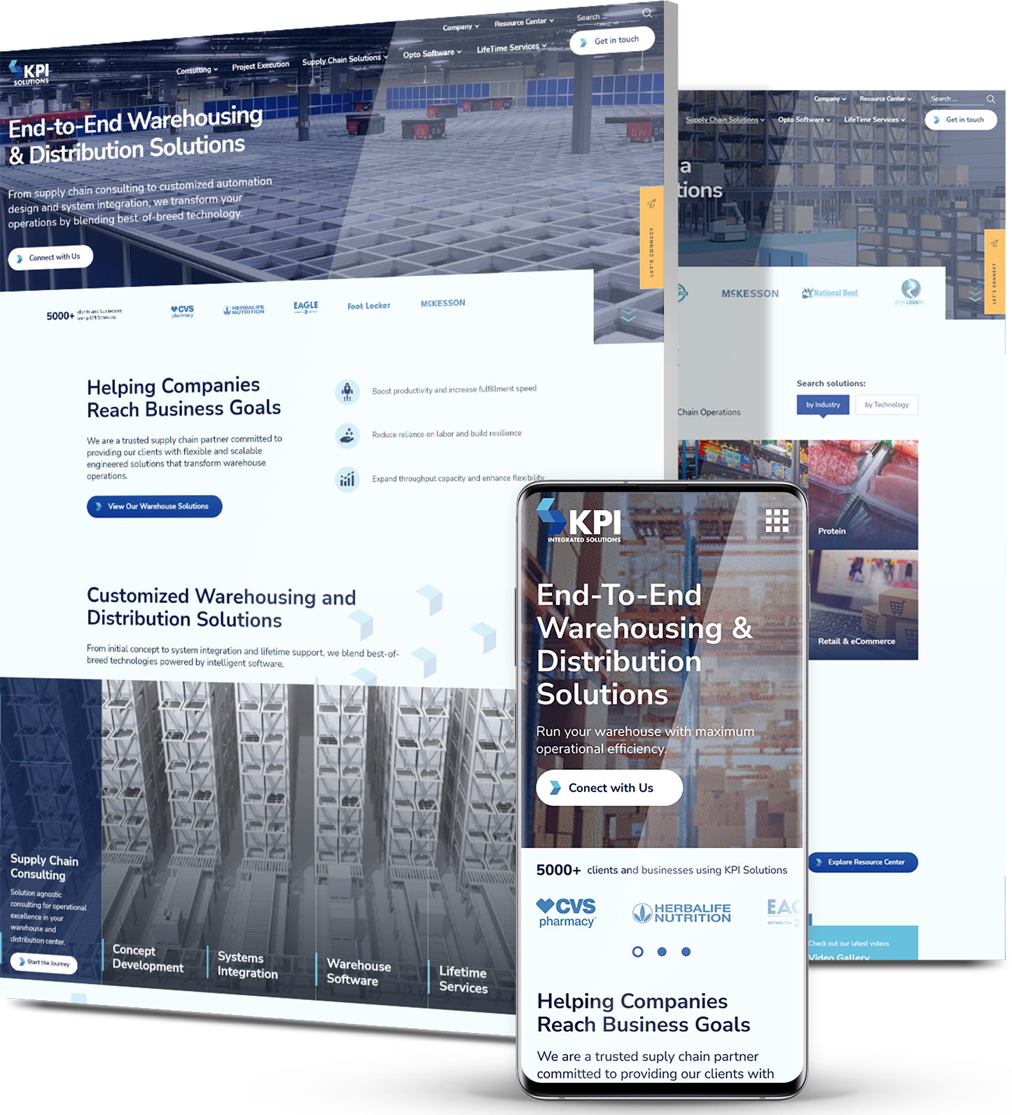 KPI Solutions logistics and warehousing website displayed on desktop and mobile, featuring supply chain and distribution services.