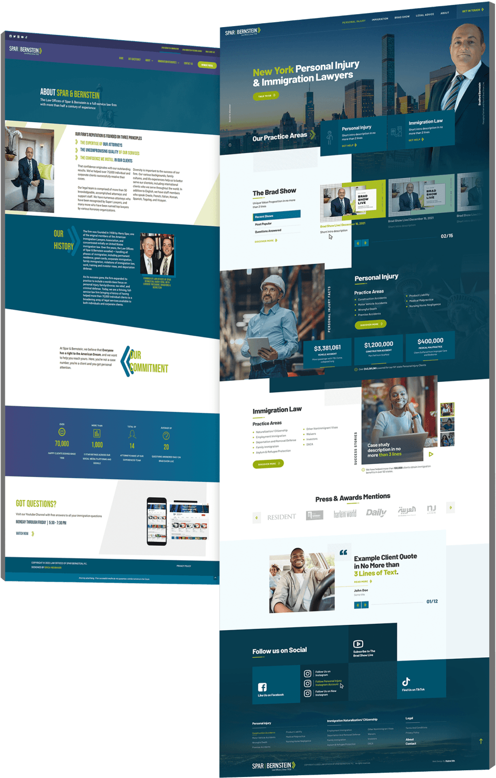 Spar & Bernstein law firm website redesign featuring teal color palette, structured content sections, and enhanced practice area presentation.