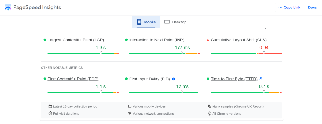 A screenshot of Eurolux's Google PageSpeed Insights score