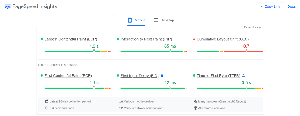 A screenshot of Geissele Automatics' Google PageSpeed Insights score