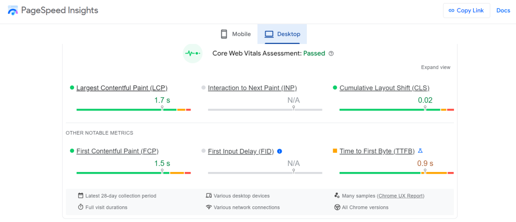 A screenshot of Smallwood's Google PageSpeed Insights score