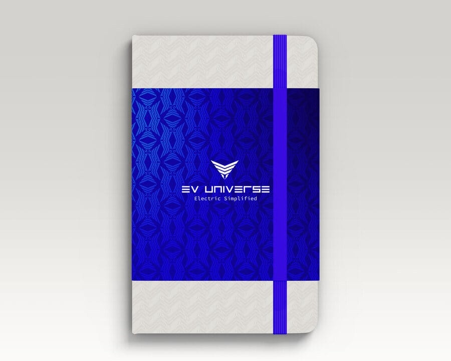 Promotional note book design mockup for EV Universe