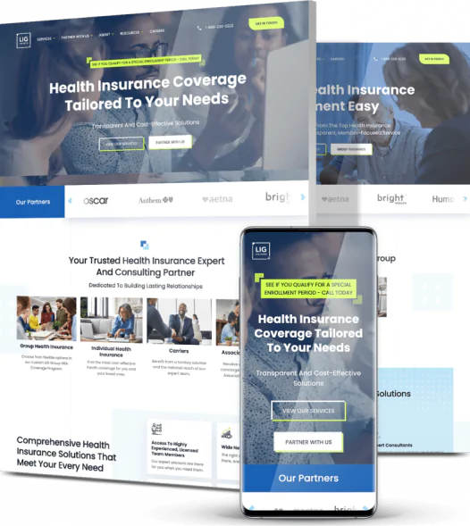 Corporate website design for LIG featuring health insurance solutions with responsive desktop and mobile views.