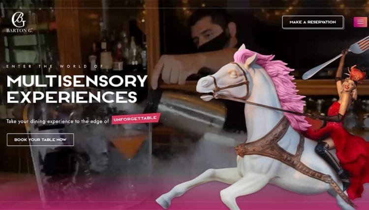 Restaurant website featuring dramatic dining scene with performer on carousel horse and cocktail presentation