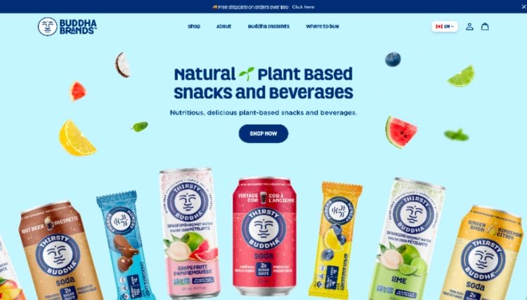Plant-based snack and beverage website with colorful product lineup and fruit elements on light background