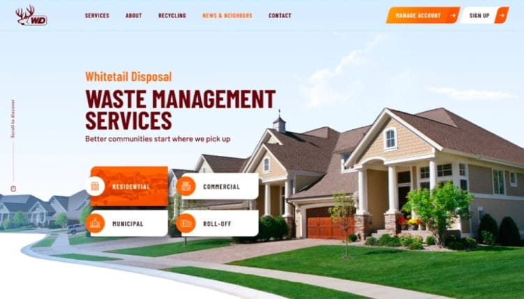 Waste management website homepage with residential neighborhood background and service categories