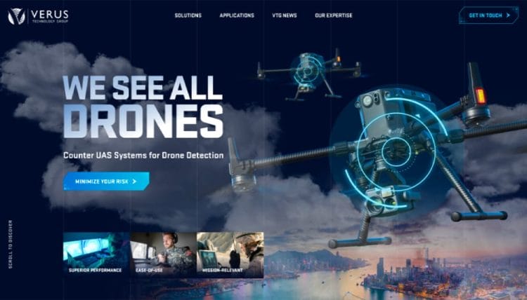 Technology website with drone imagery and interface graphics promoting counter-drone detection systems
