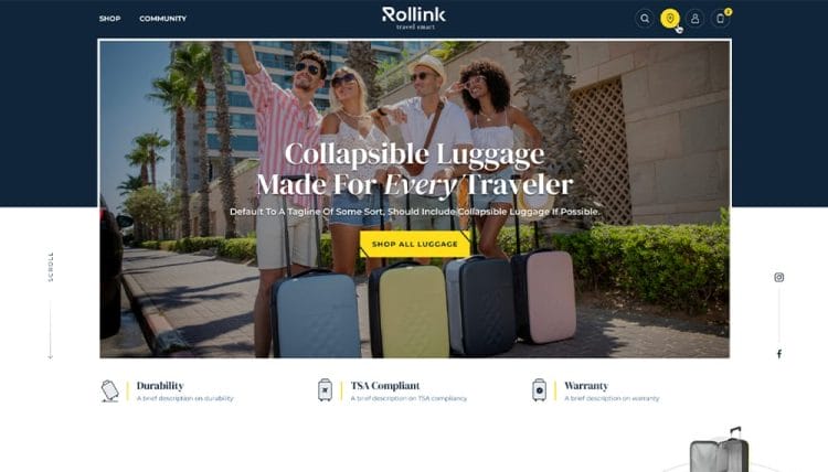 Travel lifestyle website featuring group of people with colorful collapsible luggage in outdoor setting
