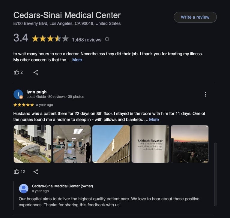 Cedars-Sinai Medical Center Google reviews screenshot