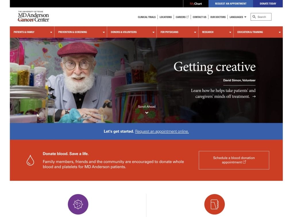 MD Anderson homepage screenshot