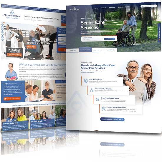 Side-by-side comparison of Always Best Care’s old and new website designs with improved layout and clearer service presentation.