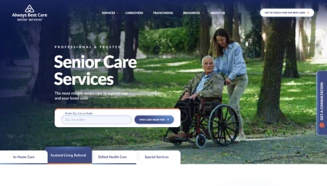 Always Best Care Senior Services homepage featuring a caregiver assisting an elderly person outdoors with a service search bar.