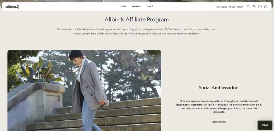 Allbirds website screenshot showing affiliate program
