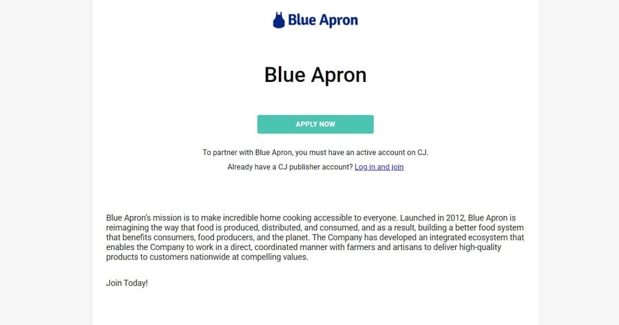 Blue Apron website screenshot showing affiliate program