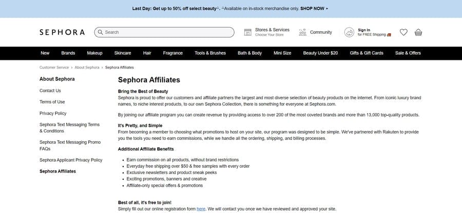 Sephora website screenshot showing affiliate program