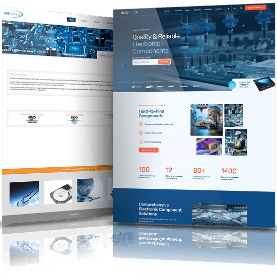 AGS website before and after redesign, featuring upgraded visuals, improved structure, and a modern electronics-focused interface.