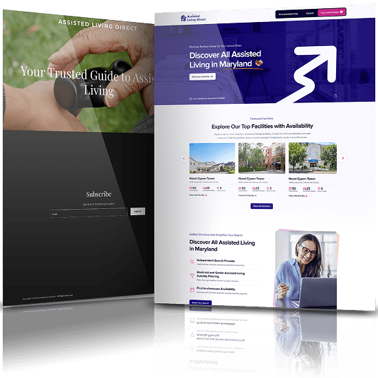 Side-by-side view of Assisted Living Direct’s old and redesigned website highlighting improved navigation and facility search features.