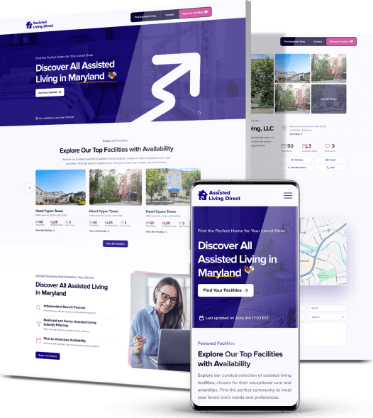 Assisted Living Direct website shown on desktop and mobile with listings, maps, and search tools for senior living facilities.