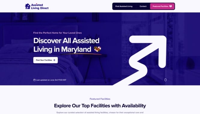 Assisted Living Direct homepage highlighting assisted living search services with bold visuals and a call-to-action to find facilities.