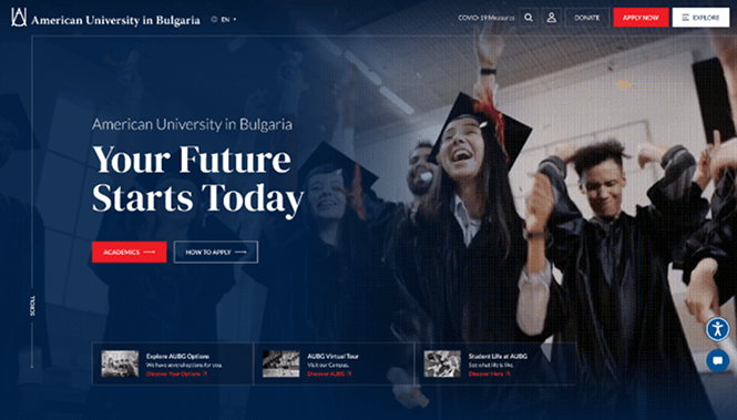 University homepage with graduates celebrating and headline “Your Future Starts Today”